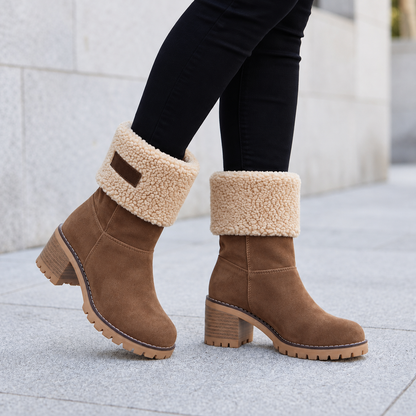 Plush Suede Winter Boots with Sherpa Cuff and Block Heel
