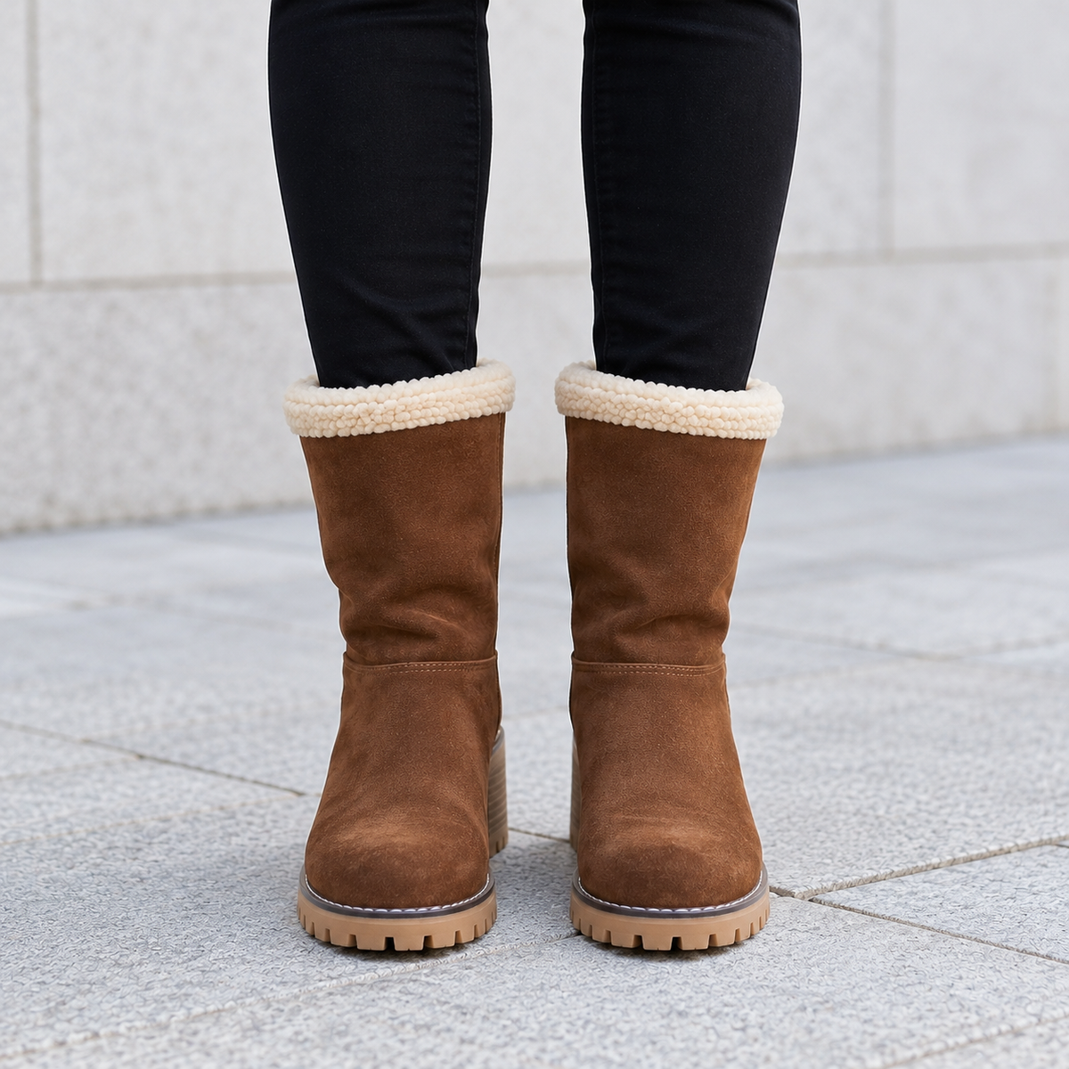Plush Suede Winter Boots with Sherpa Cuff and Block Heel