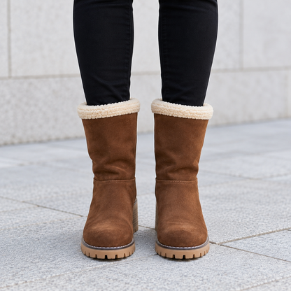 Plush Suede Winter Boots with Sherpa Cuff and Block Heel