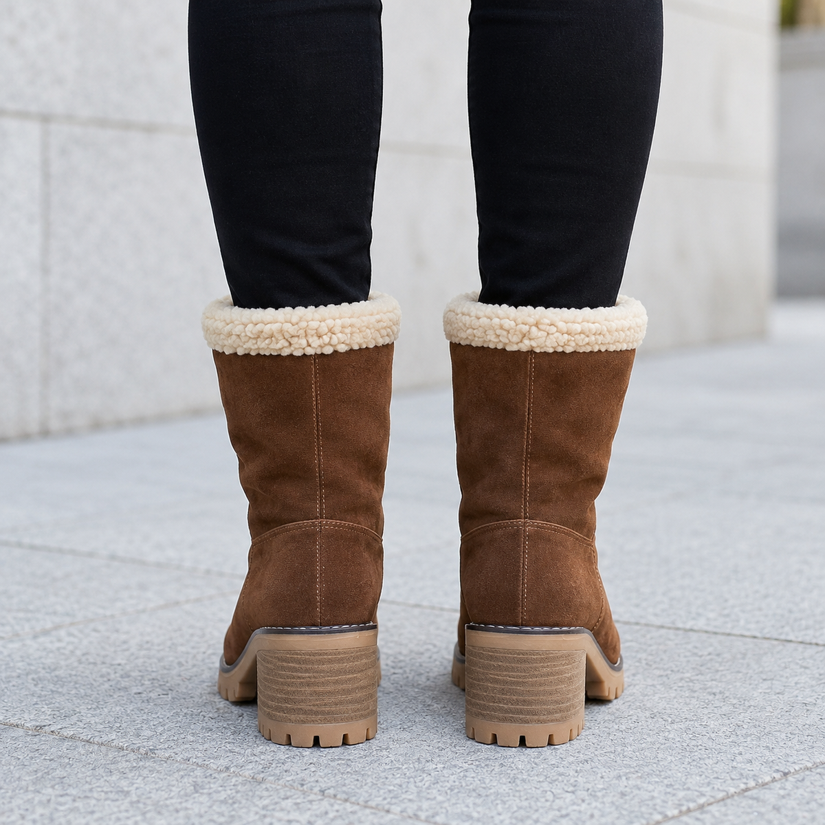 Plush Suede Winter Boots with Sherpa Cuff and Block Heel