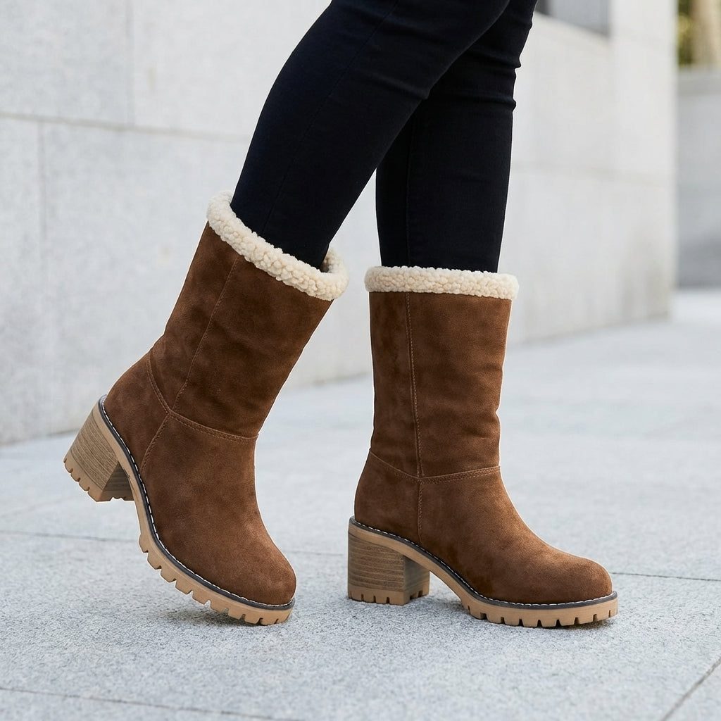 Plush Suede Winter Boots with Sherpa Cuff and Block Heel