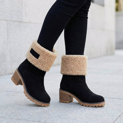 Plush Suede Winter Boots with Sherpa Cuff and Block Heel