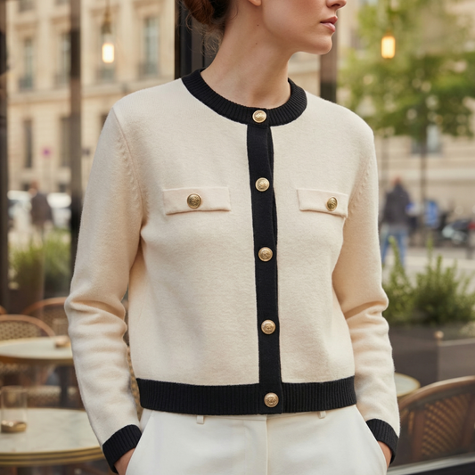Refined Knit Cardigan with Gold Buttons and Chest Pockets
