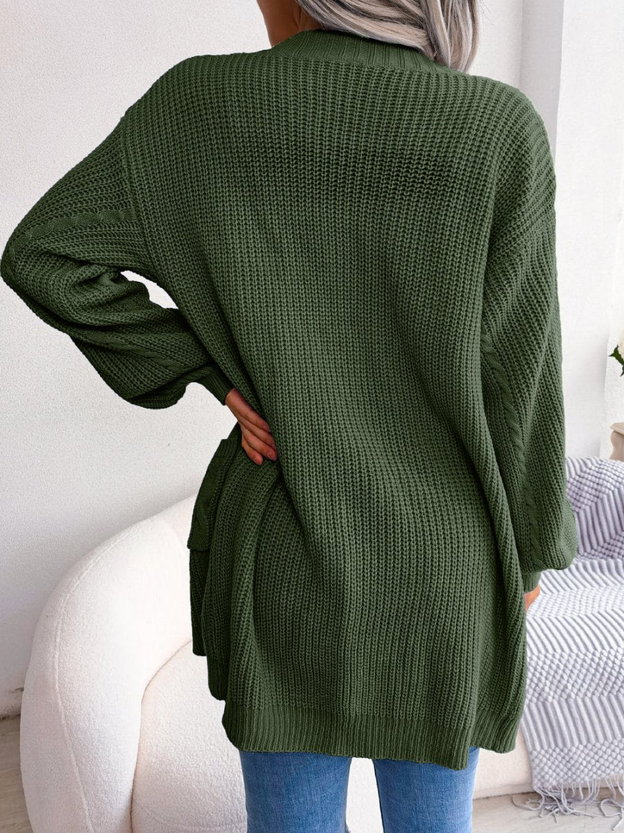 Relaxed Cable Knit Cardigan with Pockets and Open Front