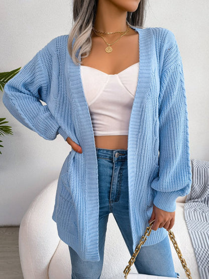 Relaxed Cable Knit Cardigan with Pockets and Open Front