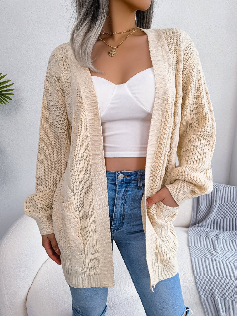 Relaxed Cable Knit Cardigan with Pockets and Open Front
