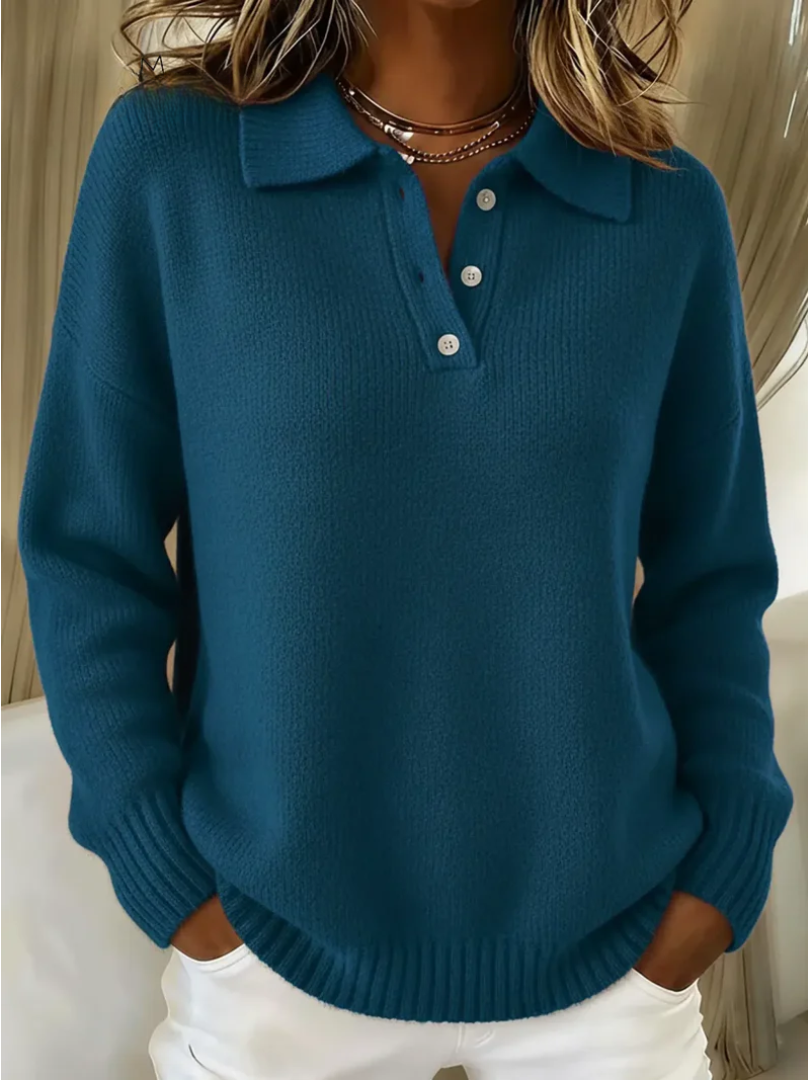 Relaxed Cashmere-Feel Polo Collar Sweater with Button Placket