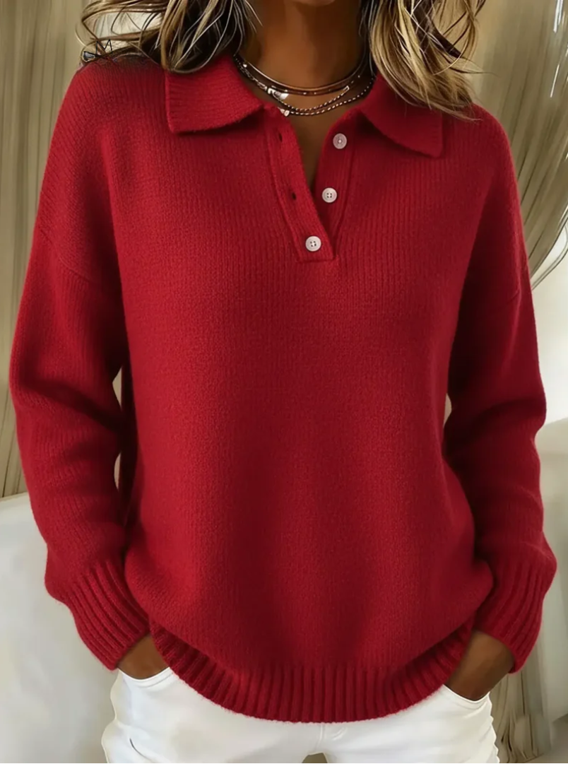 Relaxed Cashmere-Feel Polo Collar Sweater with Button Placket