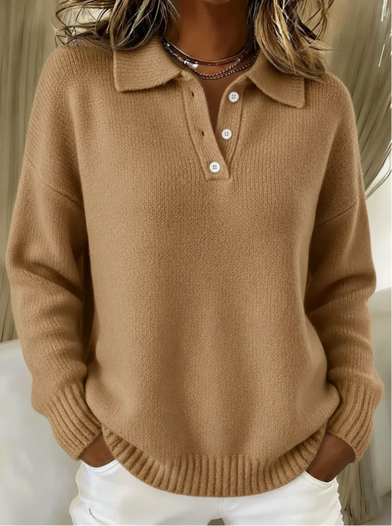Relaxed Cashmere-Feel Polo Collar Sweater with Button Placket