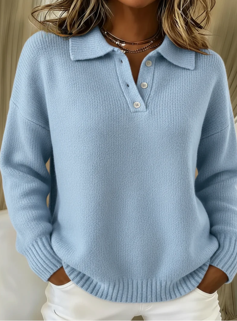Relaxed Cashmere-Feel Polo Collar Sweater with Button Placket