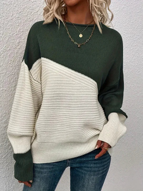 Relaxed Colour Block Ribbed Knit Sweater with Drop Shoulders