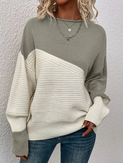 Relaxed Colour Block Ribbed Knit Sweater with Drop Shoulders