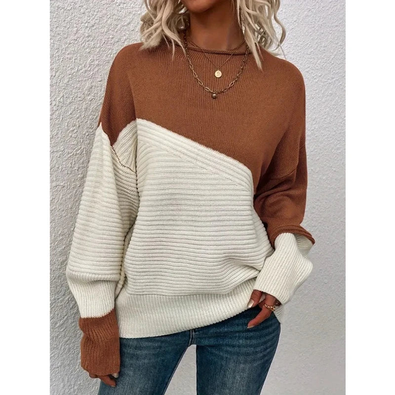 Relaxed Colour Block Ribbed Knit Sweater with Drop Shoulders