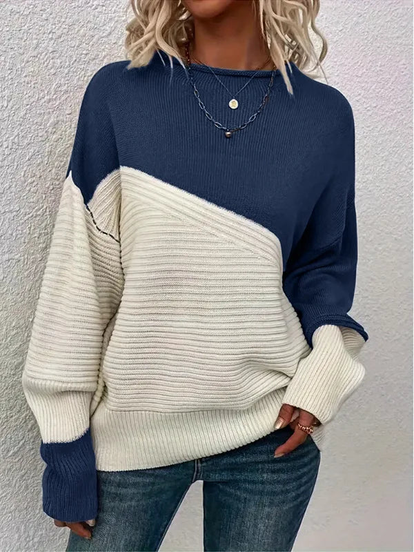 Relaxed Colour Block Ribbed Knit Sweater with Drop Shoulders