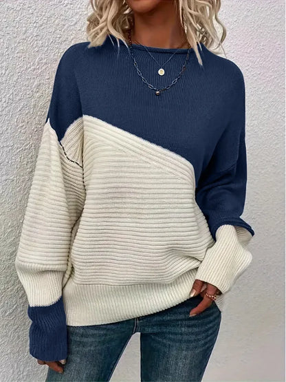 Relaxed Colour Block Ribbed Knit Sweater with Drop Shoulders