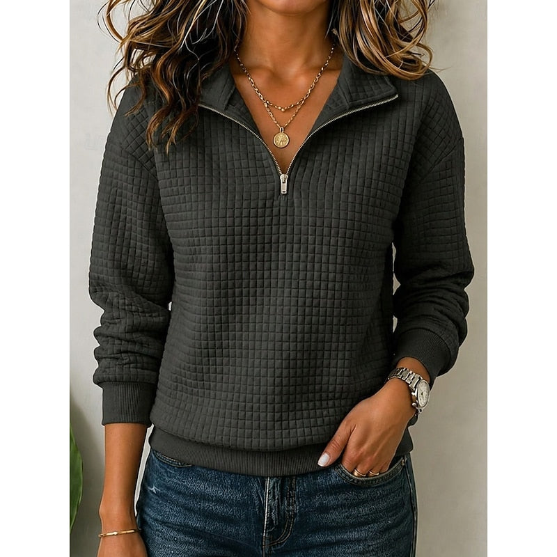 Relaxed Half Zip Sweatshirt with Waffle Texture and Collar