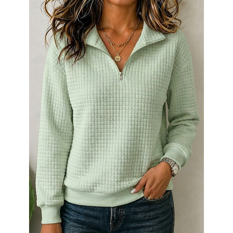 Relaxed Half Zip Sweatshirt with Waffle Texture and Collar
