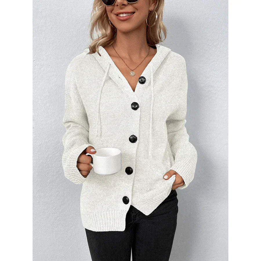 Relaxed Hooded Knit Cardigan with Bold Dark Buttons