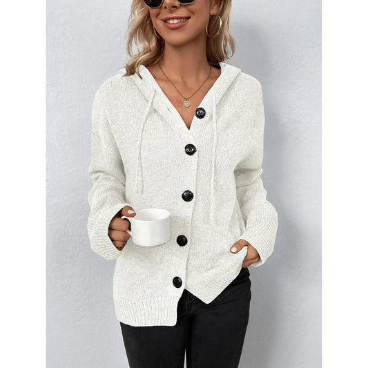 Relaxed Hooded Knit Cardigan with Bold Dark Buttons
