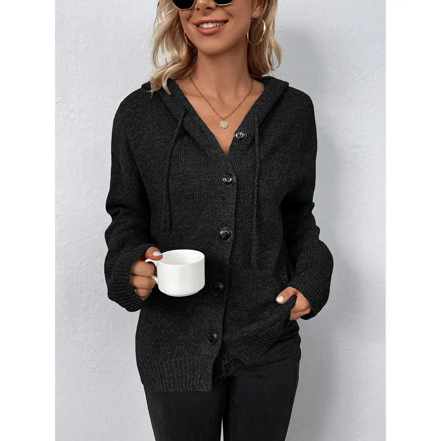 Relaxed Hooded Knit Cardigan with Bold Dark Buttons