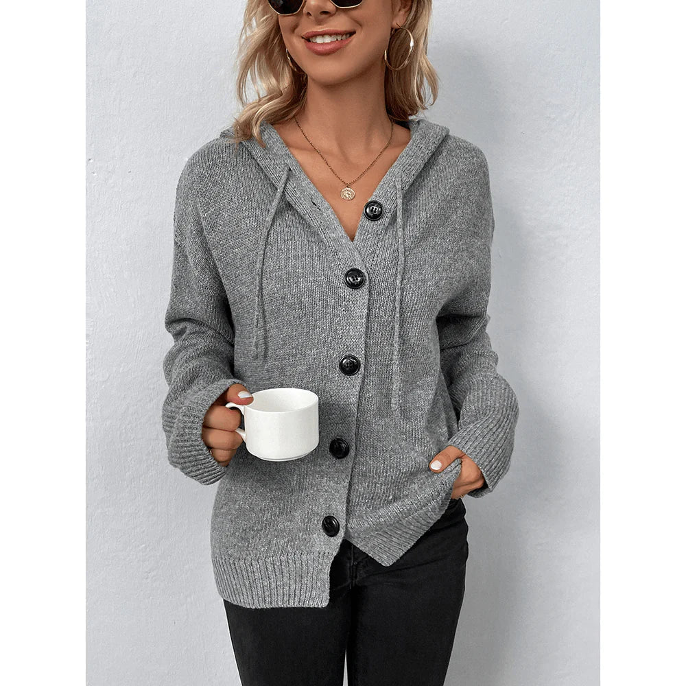 Relaxed Hooded Knit Cardigan with Bold Dark Buttons