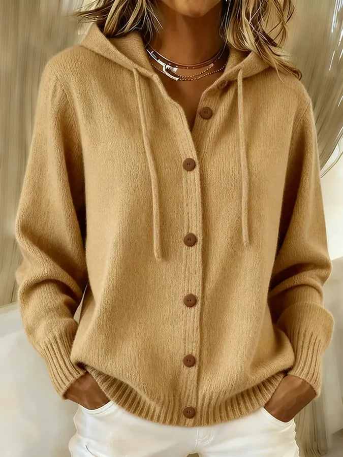 Relaxed Hooded Knit Cardigan with Drawstring Hood