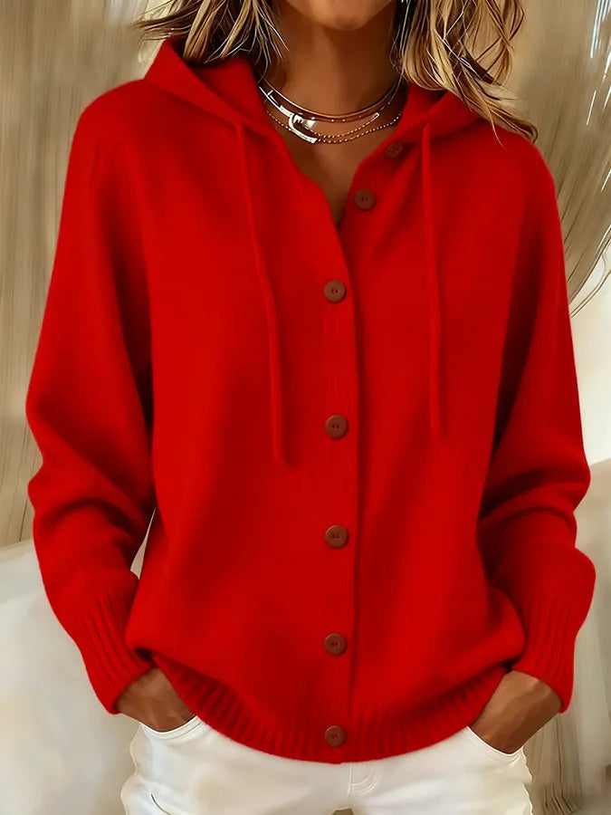 Relaxed Hooded Knit Cardigan with Drawstring Hood