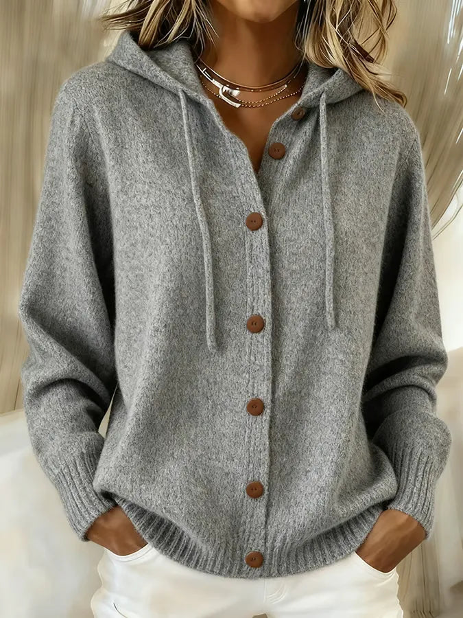 Relaxed Hooded Knit Cardigan with Drawstring Hood