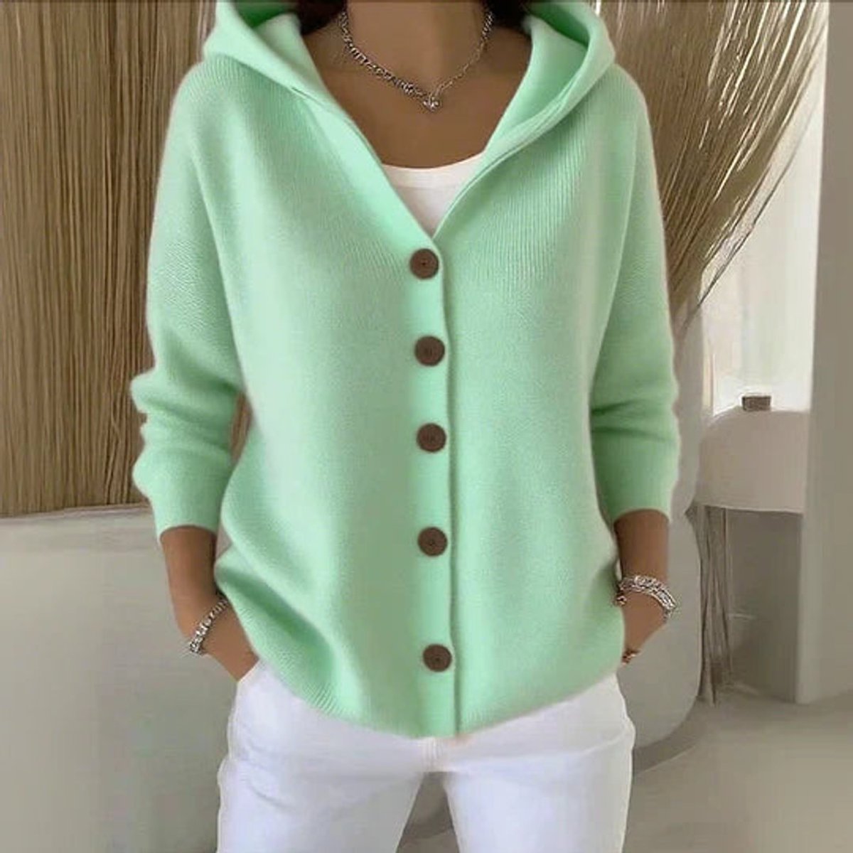 Relaxed Hooded Knit Cardigan with Warm-Tone Buttons