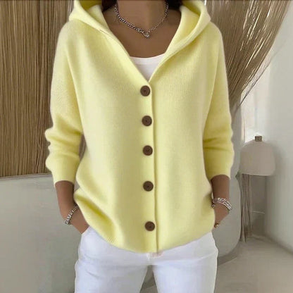 Relaxed Hooded Knit Cardigan with Warm-Tone Buttons