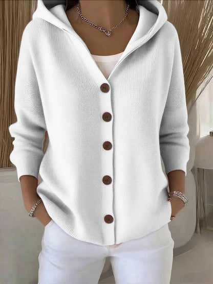 Relaxed Hooded Knit Cardigan with Warm-Tone Buttons
