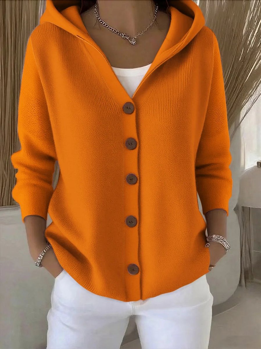 Relaxed Hooded Knit Cardigan with Warm-Tone Buttons