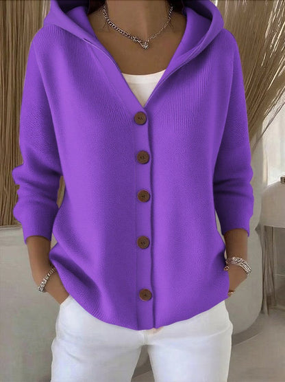 Relaxed Hooded Knit Cardigan with Warm-Tone Buttons