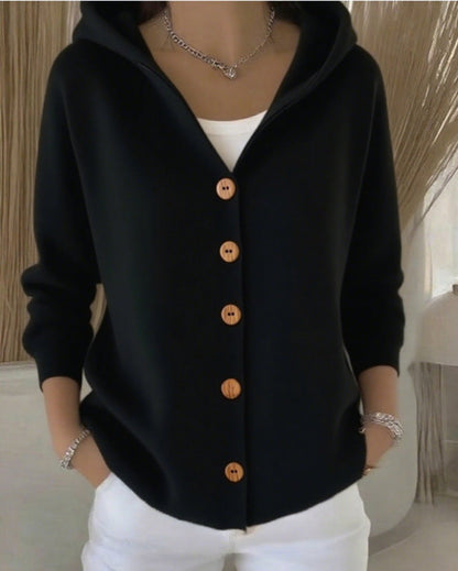 Relaxed Hooded Knit Cardigan with Warm-Tone Buttons