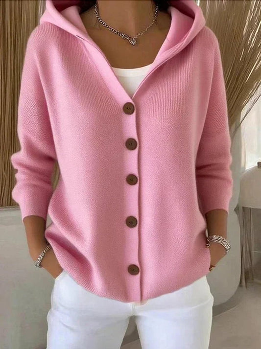 Relaxed Hooded Knit Cardigan with Warm-Tone Buttons
