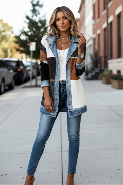 Relaxed Knit Cardigan Jacket with Denim Collar and Colour Block Panels
