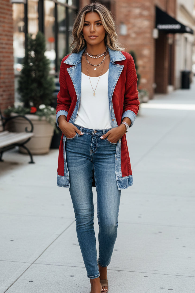 Relaxed Knit Cardigan Jacket with Denim Collar and Colour Block Panels