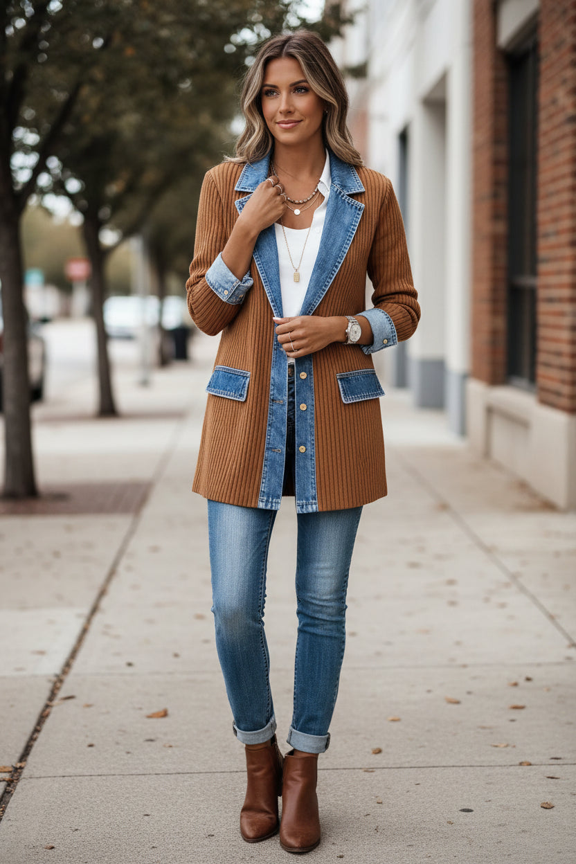 Relaxed Knit Cardigan Jacket with Denim Collar and Colour Block Panels