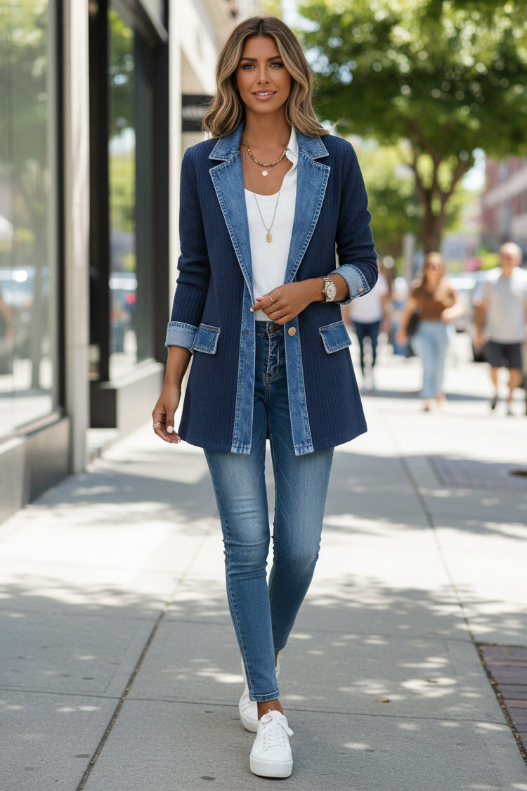 Relaxed Knit Cardigan Jacket with Denim Collar and Colour Block Panels