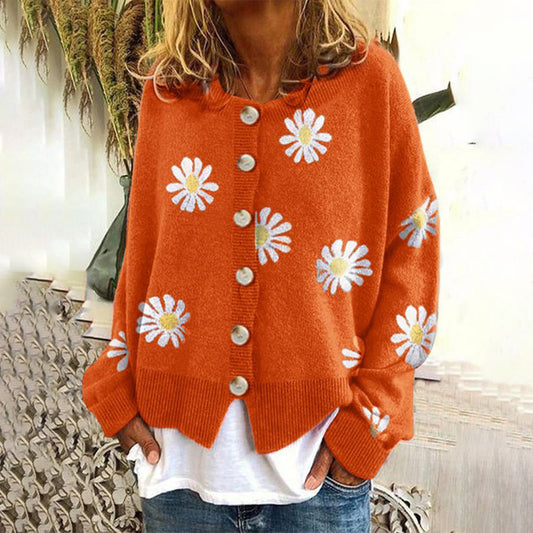 Relaxed Knit Cardigan with Daisy Print and Round Neck