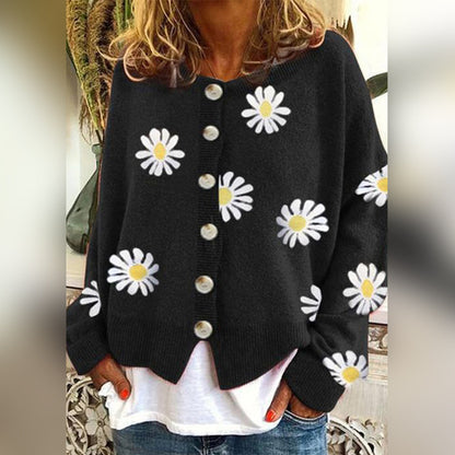 Relaxed Knit Cardigan with Daisy Print and Round Neck