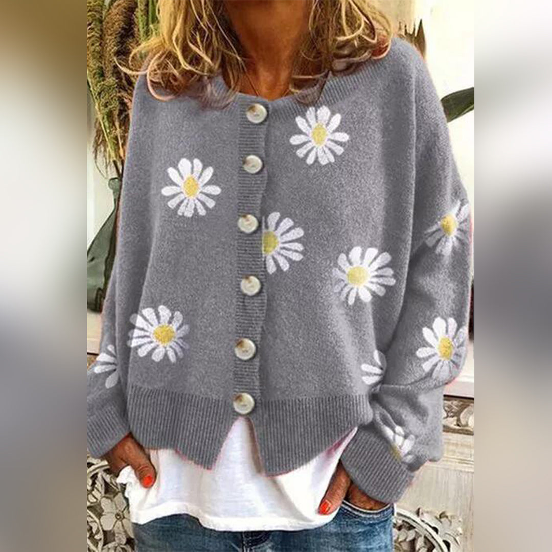Relaxed Knit Cardigan with Daisy Print and Round Neck