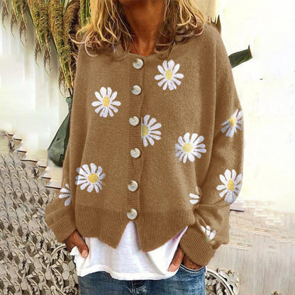 Relaxed Knit Cardigan with Daisy Print and Round Neck