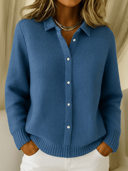 Relaxed Knit Cardigan with Pointed Collar and Waffle Texture