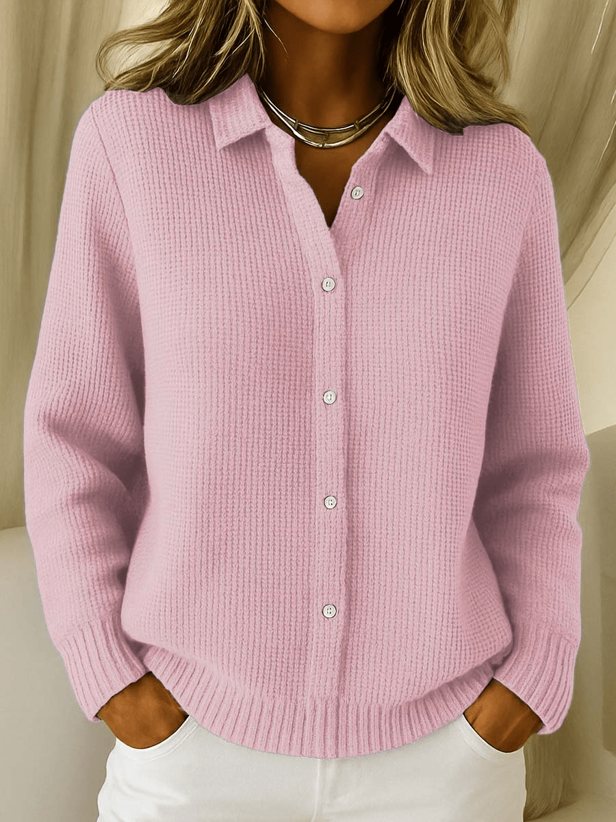 Relaxed Knit Cardigan with Pointed Collar and Waffle Texture