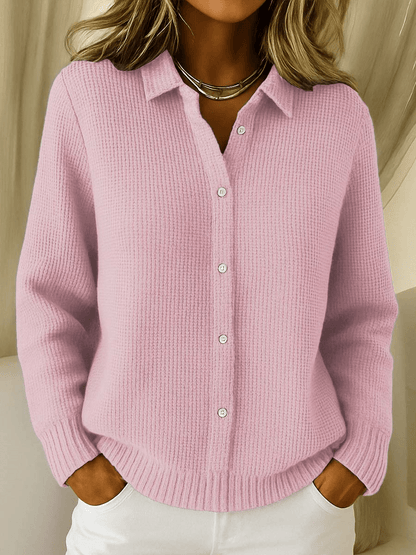 Relaxed Knit Cardigan with Pointed Collar and Waffle Texture