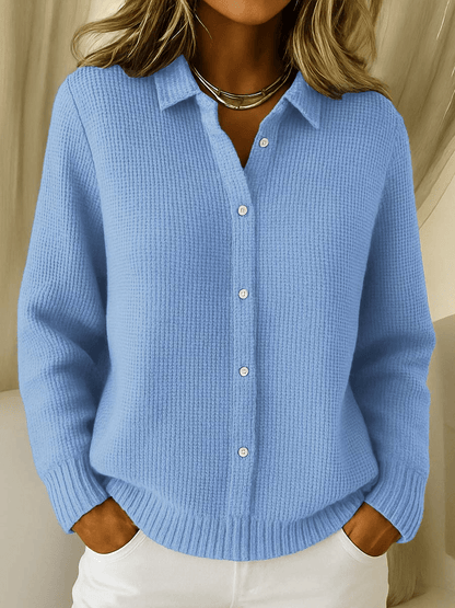 Relaxed Knit Cardigan with Pointed Collar and Waffle Texture
