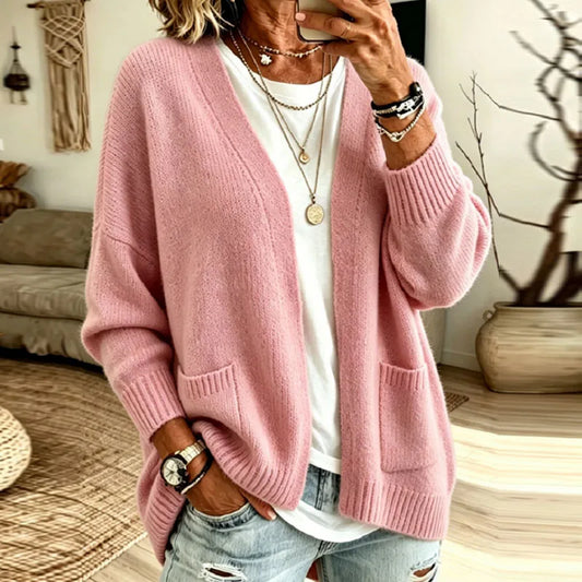 Relaxed Open Front Cardigan with Front Pockets and Ribbed Cuffs