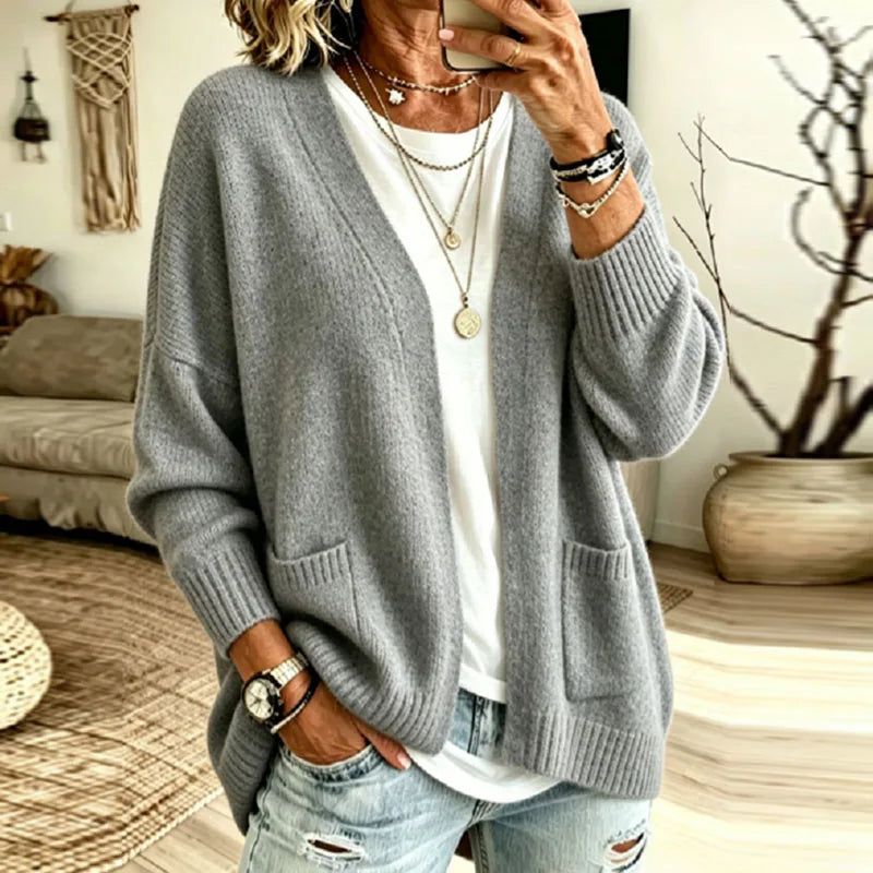 Relaxed Open Front Cardigan with Front Pockets and Ribbed Cuffs