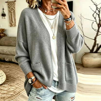 Relaxed Open Front Cardigan with Front Pockets and Ribbed Cuffs